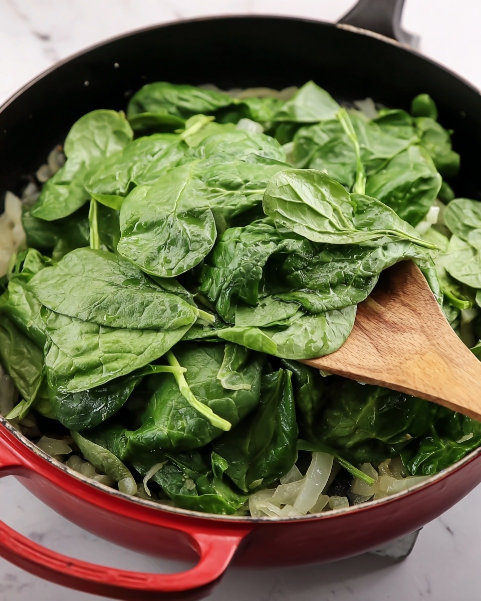 The image shows a red pan with fresh spinach leaves piled on top of a layer of cooked onions at the bottom. The spinach is bright green with a smooth, slightly shiny texture. A wooden spoon is placed on the spinach, resting on the right side of the pan. The pan sits on a white marbled surface with a soft, neutral background. photo taken with an iphone --ar 4:5 --v 7