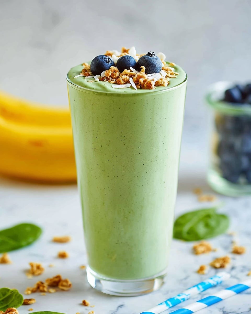 A tall clear glass filled with a thick, light green smoothie that has a creamy texture. The smoothie is topped with three dark blue blueberries, light brown granola clusters, and white coconut flakes arranged on the surface. The glass is placed on a white marbled background, with a yellow banana and a small glass jar of dark blueberries blurred in the background. A blue and white striped paper straw is partially visible at the bottom right corner. Small granola pieces and green spinach leaves are scattered around the base of the glass. photo taken with an iphone --ar 4:5 --v 7