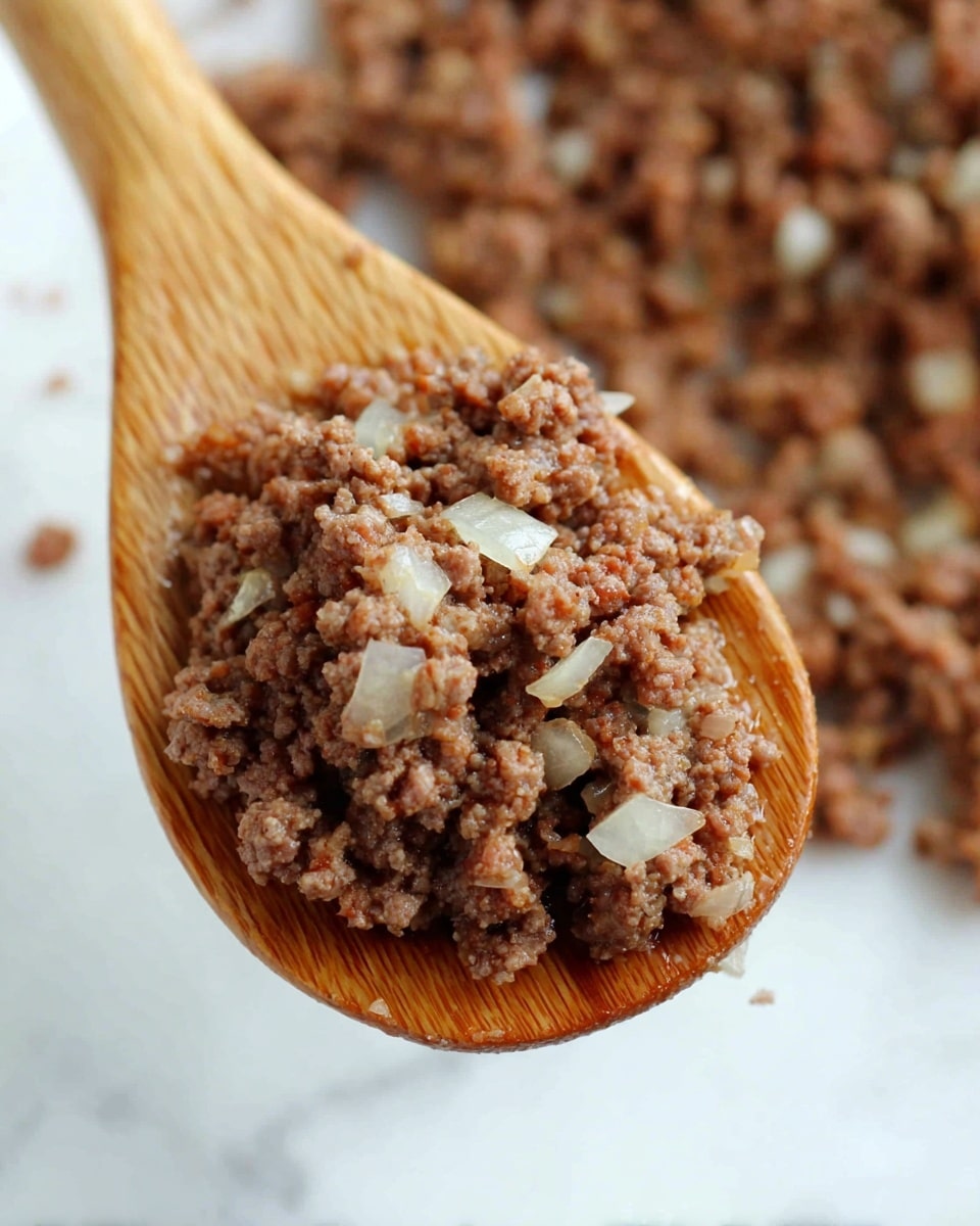 A close-up image of cooked ground meat mixed with small pieces of translucent onions held in a wooden spoon above a white marbled surface, with more of the same meat mixture blurred in the background, showing its crumbly texture and brown color with white onion bits scattered throughout, photo taken with an iphone --ar 4:5 --v 7