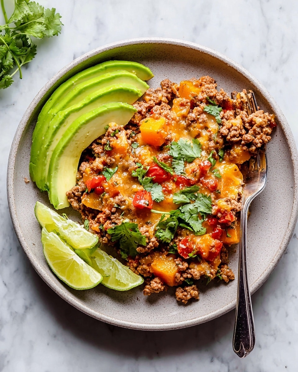 A round white plate sits on a white marbled surface, filled with a three-layer dish. The bottom layer consists of cooked ground meat mixed with small orange chunks of squash and red pieces of tomato, topped with melted cheese that adds a light shiny texture. Fresh green cilantro leaves are scattered over the meat mixture. On the left side of the plate, four bright green avocado slices fan out neatly. At the front edge of the plate, two lime wedges with a glossy, juicy inside rest close together. A silver fork is placed in the meat mixture on the upper right side of the plate. Photo taken with an iphone --ar 4:5 --v 7