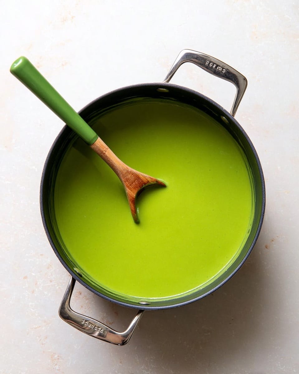 The image shows a close-up view of a smooth, bright green soup served in a white bowl. The soup has a creamy texture with tiny black pepper specks sprinkled on top, adding contrast to the surface. A silver spoon rests inside the bowl on the right side, partially submerged in the soup. In the background, there is another white bowl filled with the same green soup, slightly blurred, placed on a white marbled surface with a soft white cloth near it. A few pieces of rustic brown bread are visible in the foreground, slightly out of focus. photo taken with an iphone --ar 4:5 --v 7