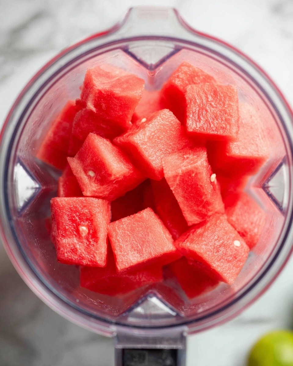 The image shows a clear blender jar filled with many cubes of bright red watermelon. The cubes have a soft, juicy texture and are stacked inside the jar, filling it almost to the top. The blender jar is placed on a white marbled surface with part of a lime visible near the bottom right corner. The photo is taken from above, focusing closely on the vibrant watermelon pieces inside the jar. photo taken with an iphone --ar 4:5 --v 7