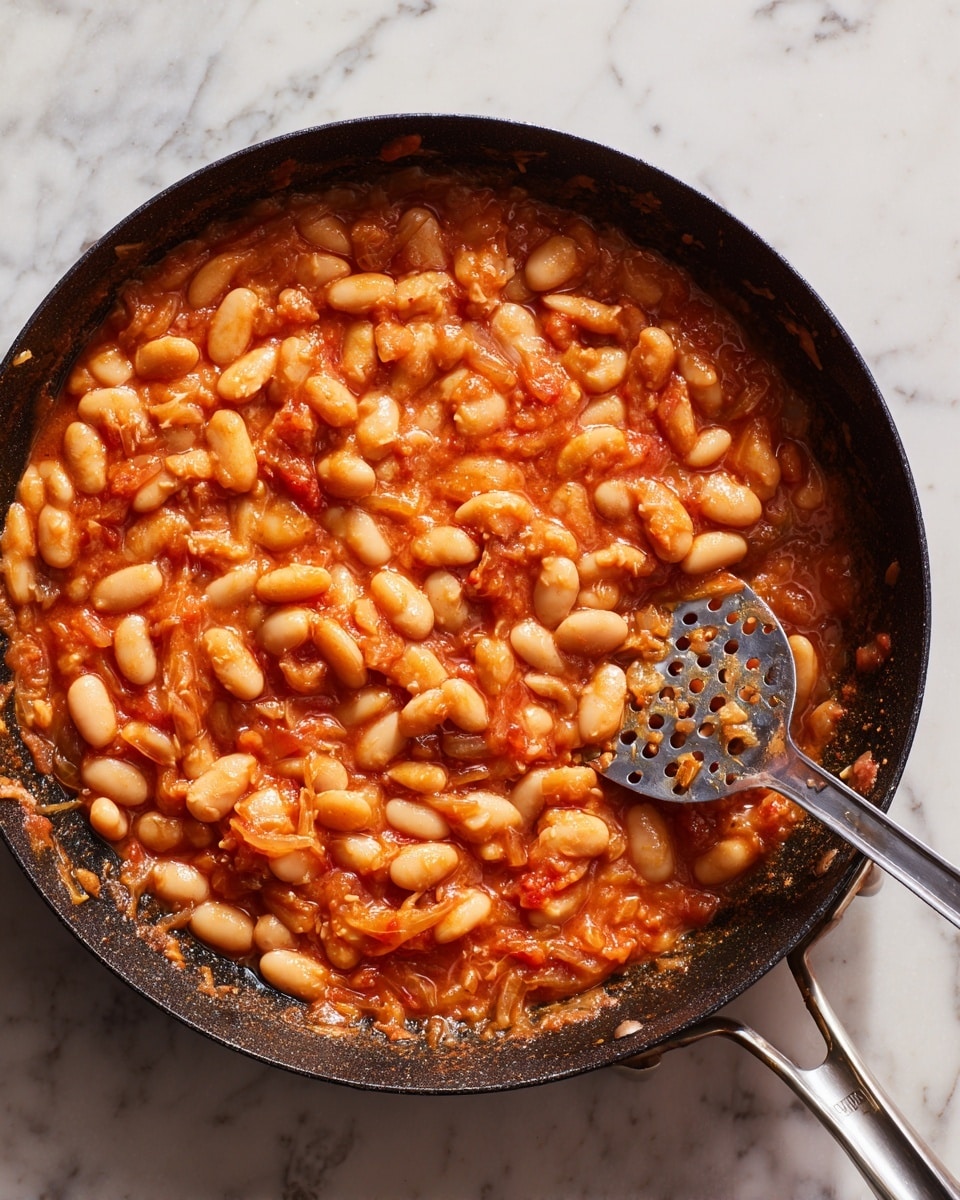 A close-up view of a black skillet filled with soft white beans mixed with chunky pieces of cooked food that looks pale orange and white, all covered in a rich thick red-orange sauce. Around the edges of the skillet, small bits of cooked onions and spices are browned and scattered. There is a shiny metal masher pressing down into the mixture from the right side. The skillet is placed on a white marbled surface. photo taken with an iphone --ar 4:5 --v 7