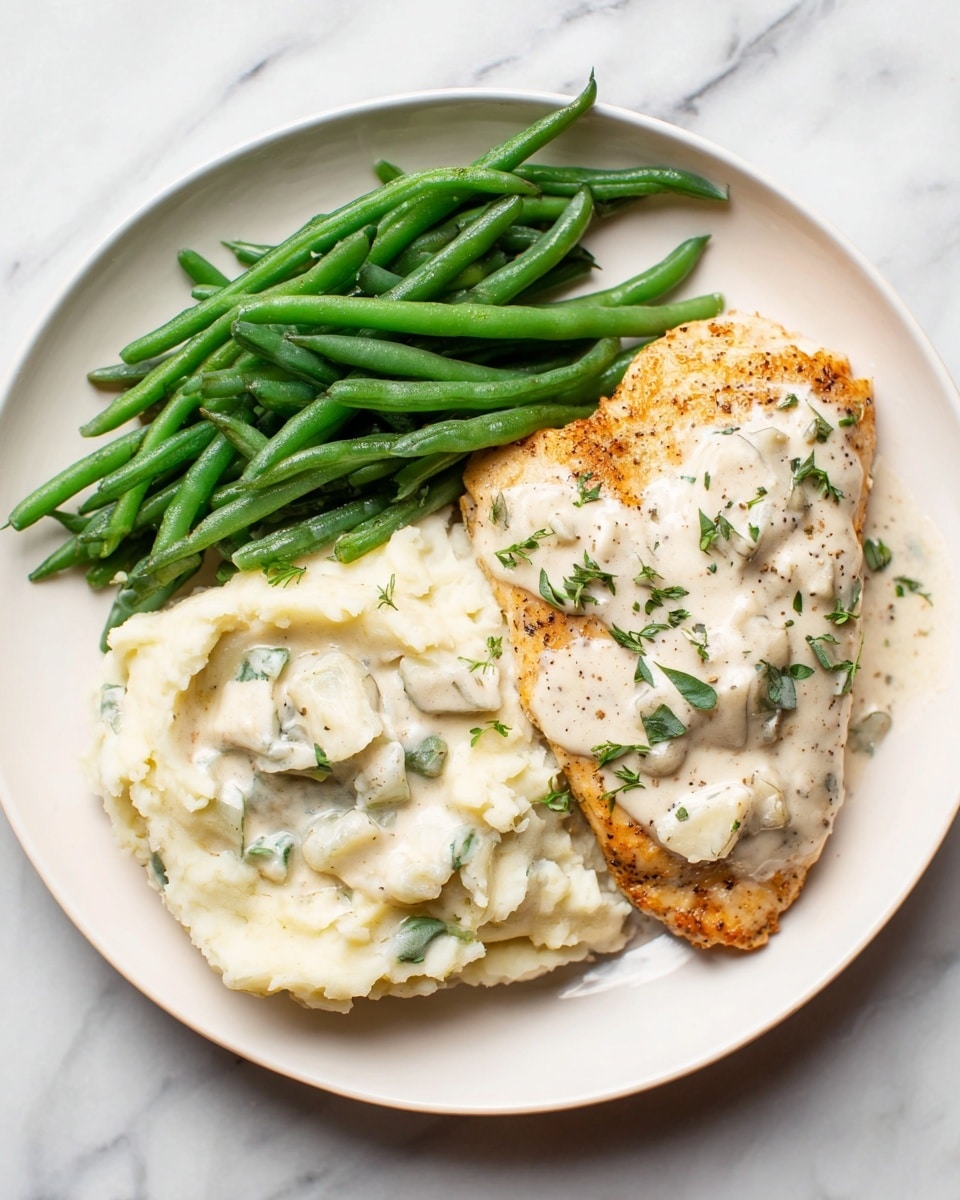 Spinach Artichoke Chicken Recipe 6 A white plate holds a simple meal with three parts. On the left, a group of bright green beans is piled together, smooth and fresh. To the right of the beans, there is a large golden brown piece of cooked chicken topped with a white creamy sauce that has green leaves and specks of black pepper. Below the chicken is a large serving of mashed potatoes covered with the same white creamy sauce mixed with green leaves and small soft chunks. The whole plate sits on a white marbled surface. photo taken with an iphone --ar 4:5 --v 7