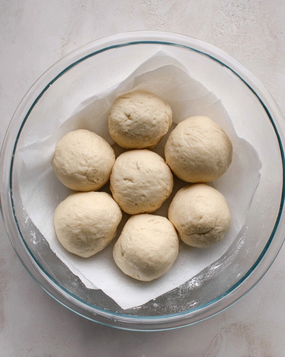 A clear glass bowl shows eight small, round dough balls arranged neatly in a circle on a white paper lining, each dough ball pale beige with a smooth but slightly uneven surface, sitting on a white marbled background visible through the bowl. The dough balls vary slightly in size and shape, appearing soft and ready to rise. photo taken with an iphone --ar 4:5 --v 7