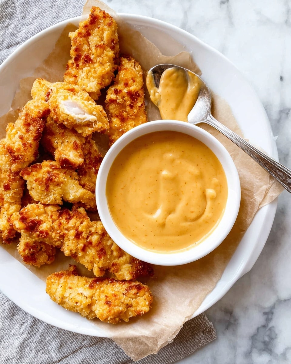 A white plate sits on a white marbled surface, holding several golden-brown fried chicken strips with a crispy texture, arranged around a small white bowl filled with smooth, creamy light orange dipping sauce. The bowl is on a piece of brown parchment paper that partially covers the plate. A silver spoon with some sauce on it rests at the edge of the plate, near the bowl. photo taken with an iphone --ar 4:5 --v 7