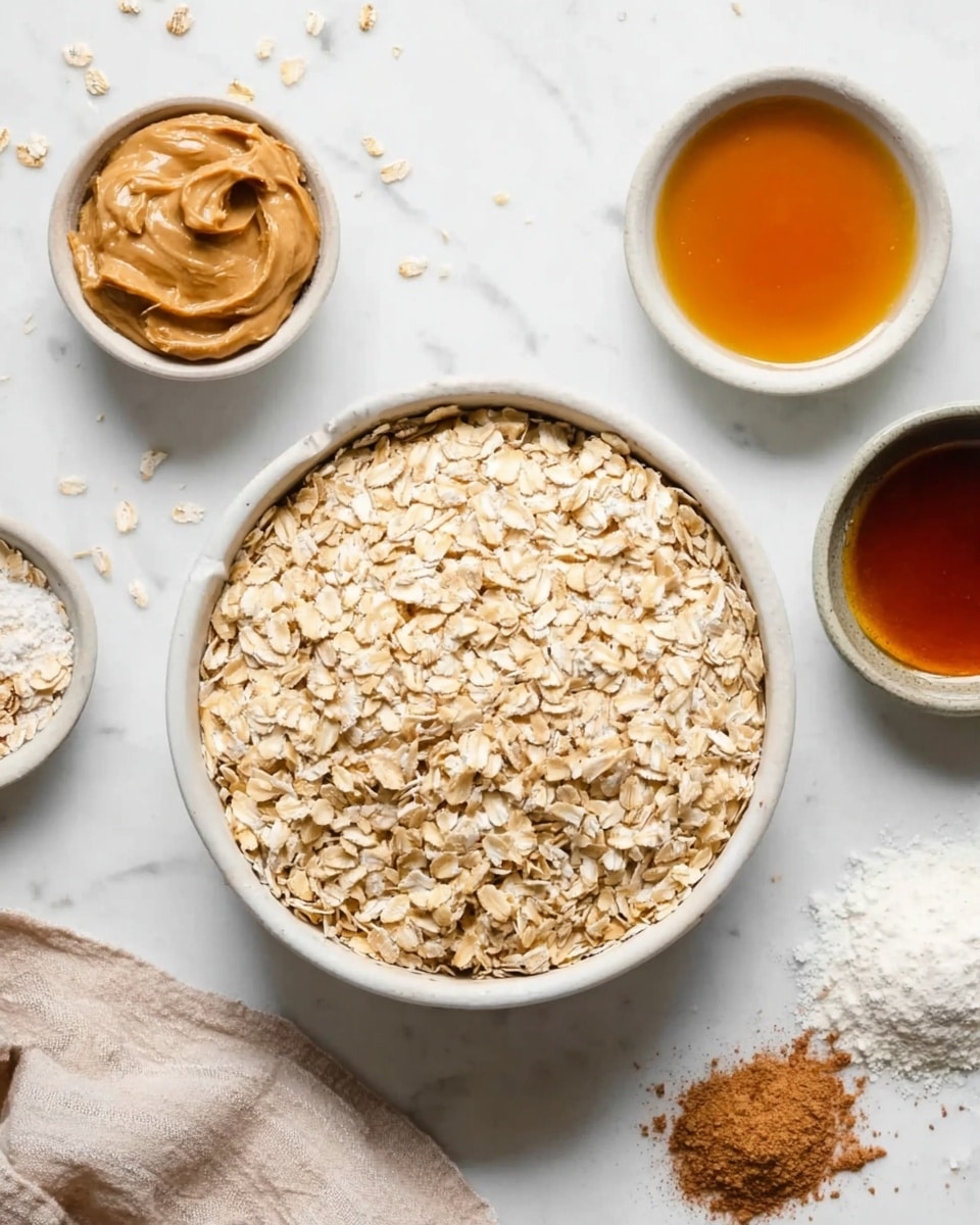 The image shows a white bowl filled with dry beige rolled oats at the center on a white marbled surface. Around it, there are four smaller white bowls: one with smooth light brown peanut butter on the left, one with amber-colored honey on the right, one with dark amber maple syrup at the top left, and one with white powder topped with a small heap of brown cinnamon powder at the top right. A piece of light-colored cloth is slightly visible at the bottom left. The photo taken with an iphone --ar 4:5 --v 7