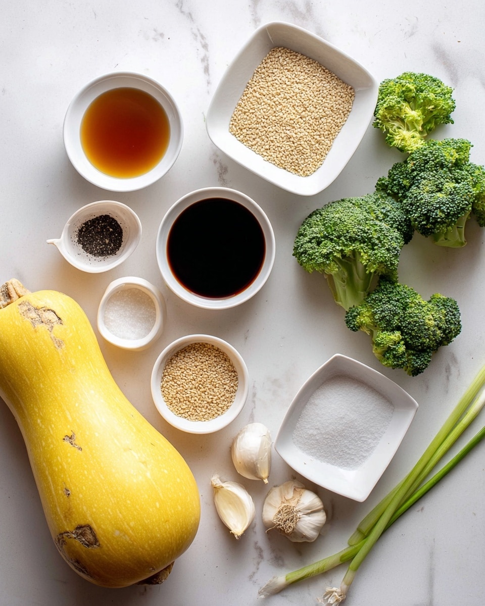 The image shows cooking ingredients neatly placed on a white marbled surface. In the bottom left corner, there is a whole yellow spaghetti squash with a smooth texture and some brown speckles. To the right, small white bowls hold different items: one with dark soy sauce, another with light brown liquid, a small bowl with white salt, and a bowl with black pepper. There is also a square white bowl filled with beige sesame seeds. Fresh green broccoli florets are scattered on the right side, and some chopped green onions lay near the top left. Several garlic cloves, some peeled and some partially wrapped, sit near the center. The arrangement is clean and bright, capturing the fresh and natural look of the ingredients photo taken with an iphone --ar 4:5 --v 7