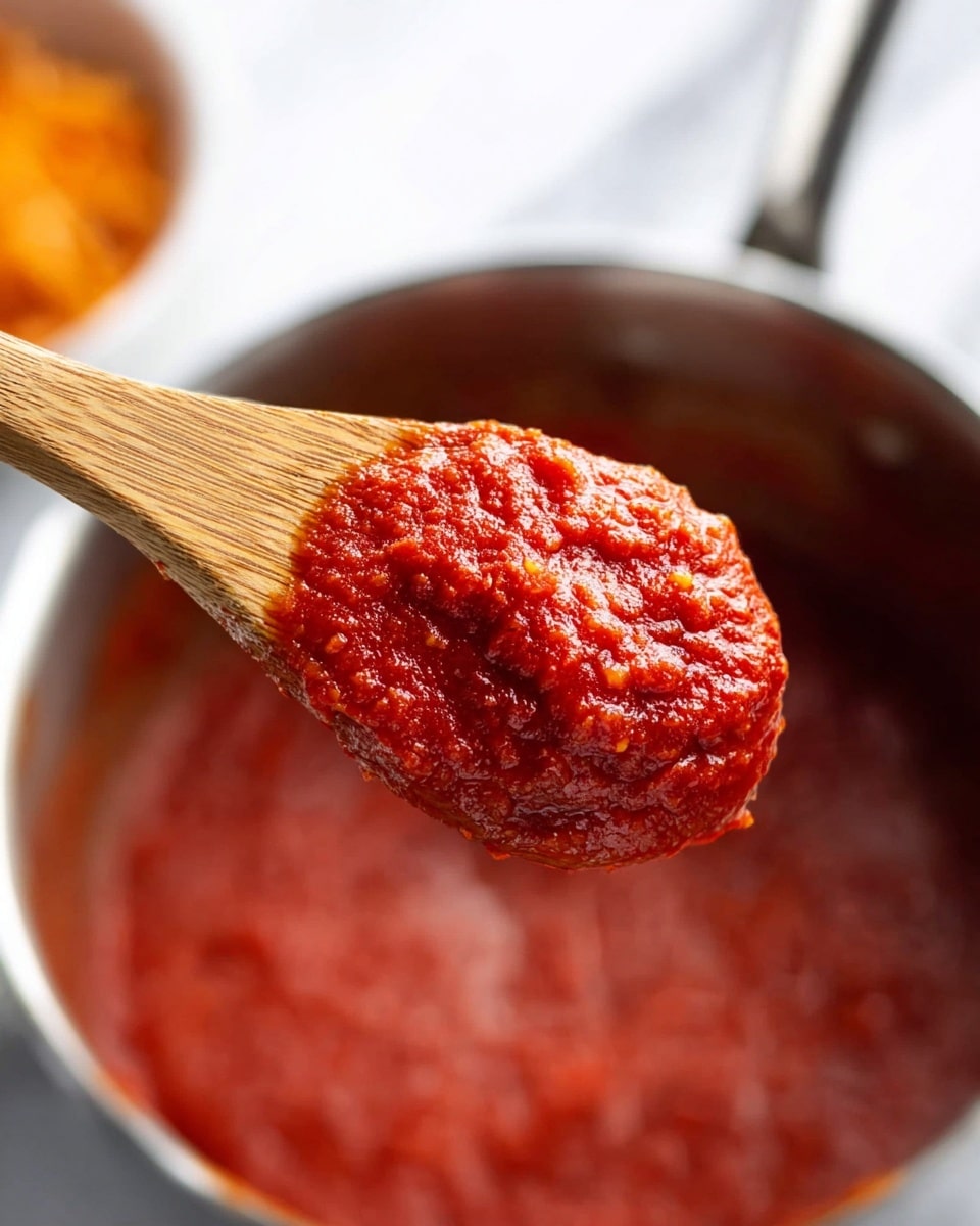 A close-up view of a wooden spoon holding a thick, textured bright red tomato sauce with some small bits visible, lifted above a silver pot filled with the same red sauce. The background shows a blurred white bowl with some shredded orange and white food, all placed on a white marbled surface. The sauce looks fresh and steaming hot with a rich consistency. Photo taken with an iphone --ar 4:5 --v 7