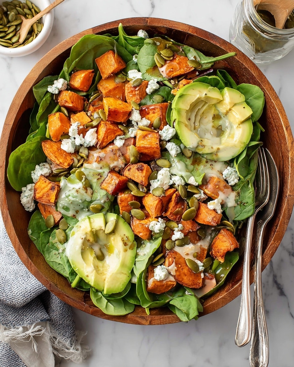 A wooden bowl holds a layered salad starting with a base of bright green spinach leaves spread evenly. On top, there are thick chunks of roasted orange sweet potatoes with a slightly browned texture, and slices of pale green avocado arranged in curved shapes. Scattered white crumbled cheese adds a soft contrast, mixed with small flat green pumpkin seeds sprinkled across the whole bowl. A light creamy dressing is drizzled unevenly over the salad, adding a shiny finish. A silver spoon and fork sit inside the bowl on the right side. The bowl is placed on a white marbled surface, and a small white bowl with more pumpkin seeds and a small glass jar with a wooden spoon are partially visible in the background. photo taken with an iphone --ar 4:5 --v 7
