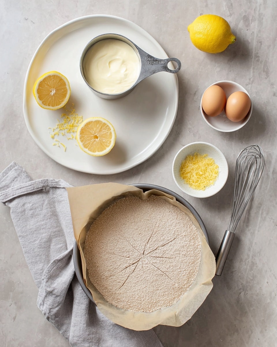 The image shows cooking ingredients arranged neatly on a white marbled surface. On the left, a large white plate holds a silver measuring cup filled with a white creamy substance, a half lemon cut to show its juicy inside, a whole lemon, two brown eggs in a small white bowl, and some lemon zest placed near the middle. On the right, there is a round metal baking pan lined with parchment paper that has creases forming triangular shapes from the center. Below the pan is a large white bowl with a mix of dry flour and grains, with a metal whisk inside it resting on a light gray cloth napkin. The colors are mostly soft and natural, with yellow lemons and light brown eggs adding contrast. Photo taken with an iphone --ar 4:5 --v 7