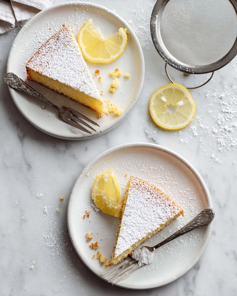 Two slices of light yellow cake with a crumbly texture are placed on two white plates, each slice covered in a thin, even layer of white powdered sugar. One plate holds a single fork on the right side of the cake slice, with a bright yellow lemon slice positioned just below the cake. The other plate has only the cake slice with powdered sugar. Both plates sit on a white marbled surface along with a metal sieve sprinkled with powdered sugar and some cake crumbs scattered around. Photo taken with an iphone --ar 4:5 --v 7
