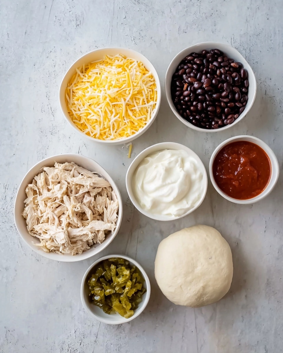 The image shows six white bowls arranged on a white marbled surface, each filled with different ingredients. The top left bowl contains shredded yellow cheese with a soft texture. Next to it on the right, a bowl holds shiny dark black beans. Below the cheese bowl is a bowl with smooth red sauce, and directly below that is a bowl filled with shredded cooked chicken, light beige in color and fibrous. To the right of the chicken bowl is a bowl with white creamy sour cream, smooth and thick. At the bottom middle, a bowl is filled with chunky green chili peppers. A single round piece of soft white dough is placed near the bowls. The overall look is clean and organized, with the colors of the ingredients contrasting well on the white marbled surface photo taken with an iphone --ar 4:5 --v 7