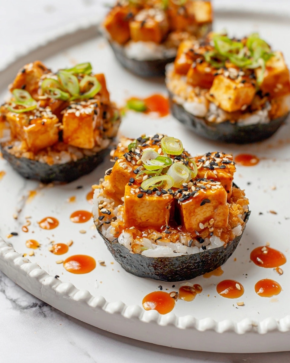 The image shows small round bowls made from dark seaweed filled with a base layer of white sticky rice. On top of the rice is a layer of glossy orange cubes of marinated tofu, covered in a light orange sauce. The tofu is garnished with small green onion pieces and sprinkled with white and black sesame seeds. The bowls are placed on a white plate with a subtle decorative edge, set on a white marbled surface. Drops of the orange sauce are scattered around the plate photo taken with an iphone --ar 4:5 --v 7