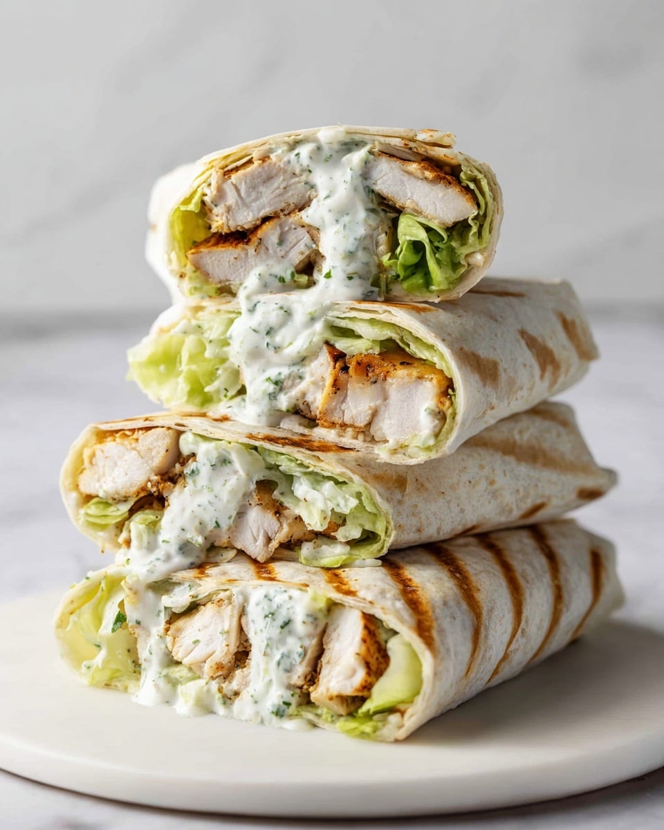 The image shows a stack of four wraps placed on a white plate with a white marbled background. Each wrap is cut in half, revealing three main layers inside: the outer layer is a white soft flatbread with light grill marks, the middle layer is bright green lettuce, and the inner layer features thick pieces of cooked white meat with a slightly browned surface, all coated with a creamy white sauce dotted with green herbs. The wraps are arranged to show the filling clearly, with the creamy sauce dripping slightly from the edges. photo taken with an iphone --ar 4:5 --v 7