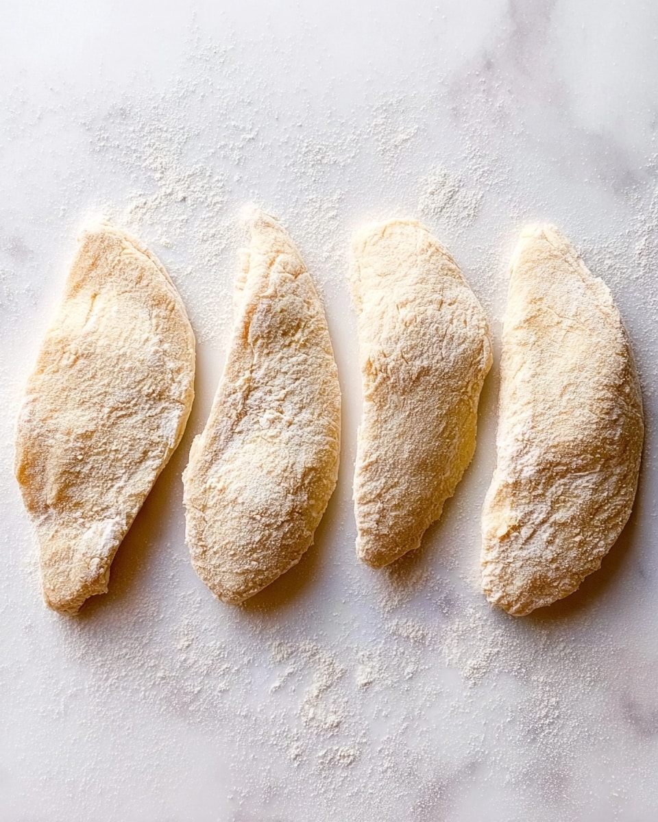 The image shows four pieces of raw dough shaped roughly like drops or leaves, laid out evenly in a row on a white marbled surface. Each dough piece is dusted with a light layer of flour, giving them a pale, powdery texture. The dough pieces are slightly curved and vary slightly in size and shape, with soft edges and a smooth surface. The overall look is simple and clean, emphasizing the light beige color of the dough against the white marbled background. photo taken with an iphone --ar 4:5 --v 7