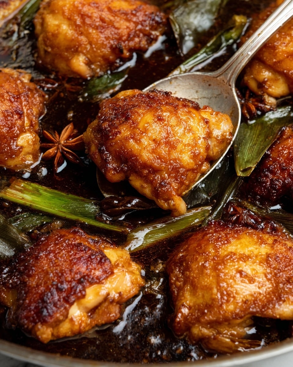 A close-up view shows six golden-brown cooked chicken pieces with a crispy, textured skin, sitting in a dark, glossy sauce. Among the chicken are charred green onions, star anise, and a metal spoon lifting one piece, revealing the rich sauce underneath. The image has a warm tone and captures the shine of the sauce on the chicken skin, set against a white marbled texture background. photo taken with an iphone --ar 4:5 --v 7