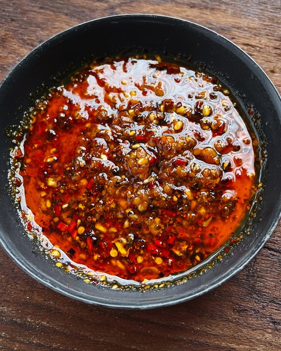 In the image, a round black bowl holds a thick layer of spicy chili oil sauce. The sauce is bright red-orange with oily shine, with visible small black and white seeds, seeds, chopped garlic, and small red chili pieces spread evenly throughout. The surface of the sauce has textures from the mixture of crushed spices and chili flakes. The bowl sits on a wooden textured surface, but for the prompt, the surface will be described as a white marble texture. photo taken with an iphone --ar 4:5 --v 7