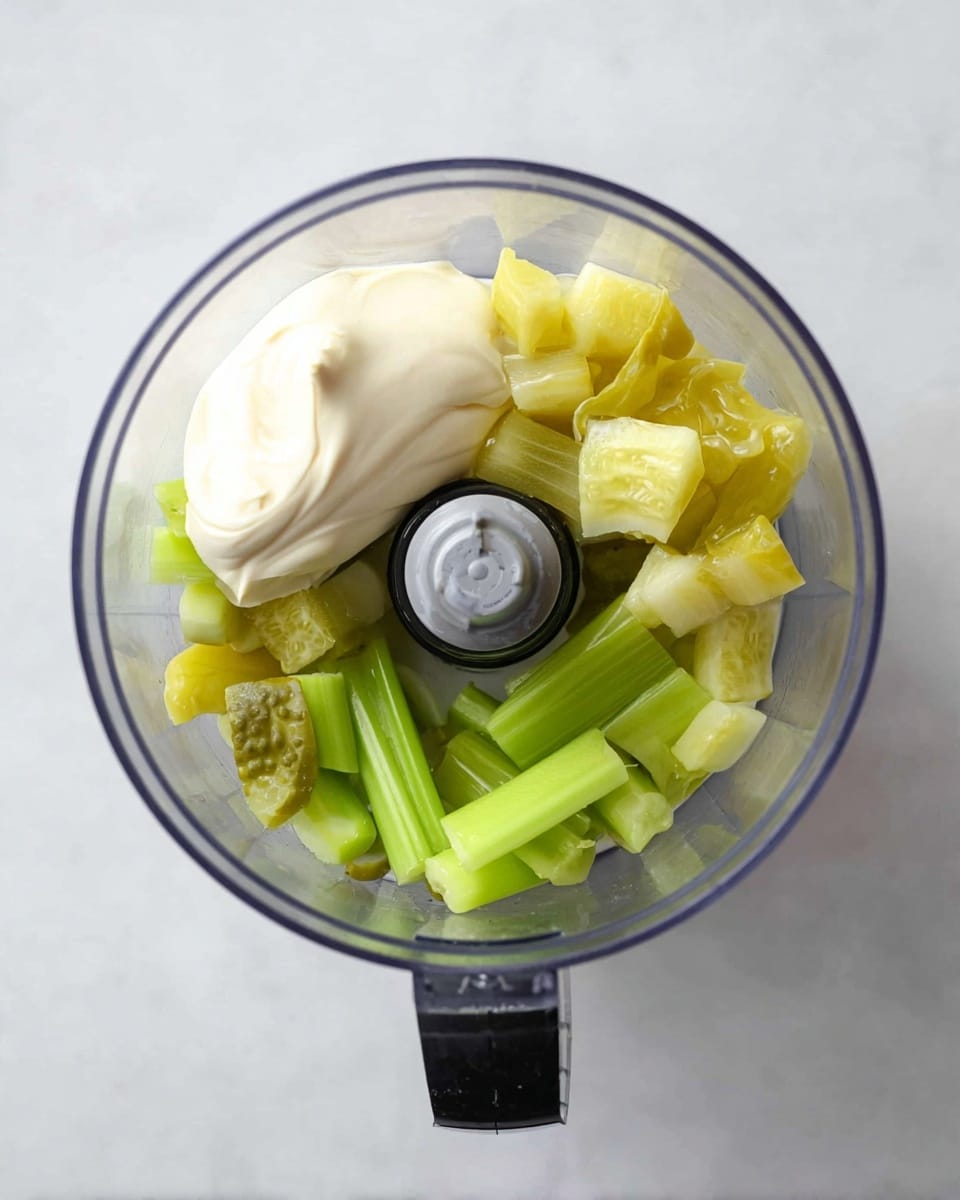 Inside a clear food processor bowl, there are three layers of ingredients. At the bottom, there are bright green celery sticks placed around the edge. Above them, on one side, is a dollop of creamy white mayonnaise with a smooth texture. On the other side, there are light yellow-green pieces of pickle, cut into chunks with a slightly shiny, wet look. The food processor blade sits in the center, small and metallic, contrasting with the fresh ingredients around it. The whole bowl is set on a white marbled surface. photo taken with an iphone --ar 4:5 --v 7