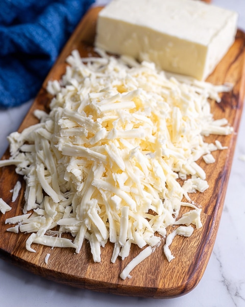 The image shows a wooden cutting board with a pile of shredded white cheese spread across most of its surface. Behind the pile, there is a block of the same white cheese placed near the top edge of the board. The board rests on a white marbled surface, and part of a blue cloth is visible in the upper left corner. The cheese strands are soft but slightly firm with irregular shapes and sizes. The photo was taken with an iphone --ar 4:5 --v 7