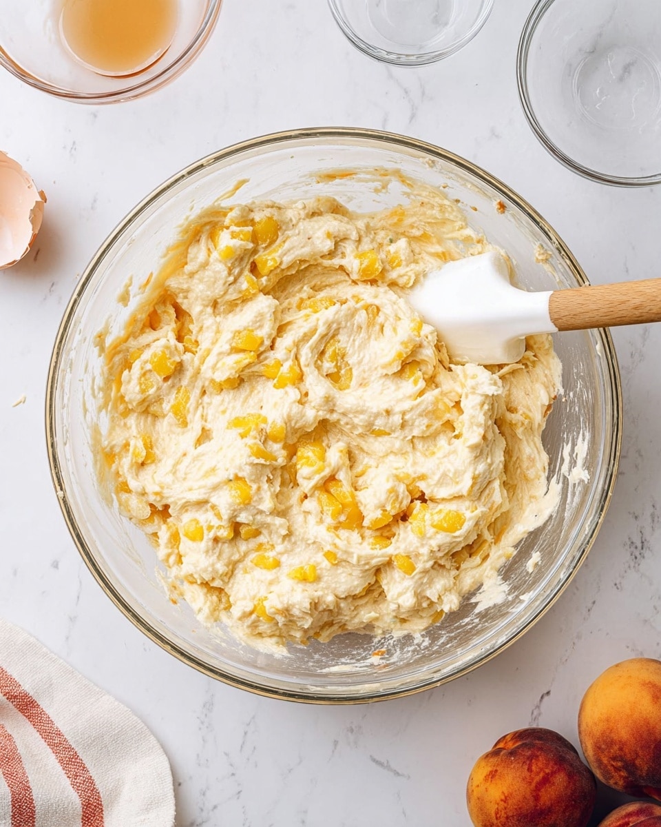A clear glass bowl sits on a white marbled surface, filled with thick, creamy dough mixed with small yellow pieces of chopped fruit spread evenly throughout. A white silicone spatula with a wood handle rests inside the bowl, partially buried in the dough. Around the bowl, there are two brown peach fruits at the bottom right, a cracked brown eggshell and a small glass bowl with a light brown liquid on the upper left, and another empty clear glass bowl slightly out of focus in the upper right corner. A white and red striped cloth peeks in from the bottom left corner. The scene is bright and clean with natural lighting, photo taken with an iphone --ar 4:5 --v 7