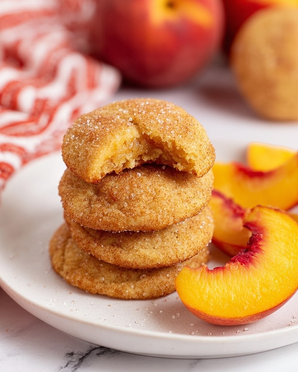The image shows a white plate with four round golden-brown peach cookies stacked in the center. The top cookie has a bite taken out of it, revealing a soft, light interior. Small sugar crystals sparkle on the surface of the cookies, giving them a slightly shiny texture. On the right side of the plate, there are two slices of fresh peach with red and orange skin and bright yellow flesh. The plate is placed on a white marbled surface, and in the background, a red and white towel and whole peaches are blurred out. photo taken with an iphone --ar 4:5 --v 7