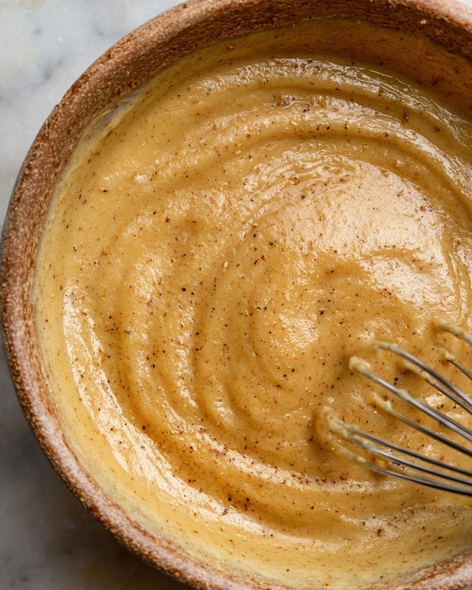 A close-up view of a thick, light golden brown batter with specks of darker brown spices, showing a smooth and slightly shiny texture swirled inside a bowl, with a metal whisk partially visible in the bottom right corner. The batter has subtle ridges and waves from mixing. The bowl is on a white marbled surface. Photo taken with an iphone --ar 4:5 --v 7