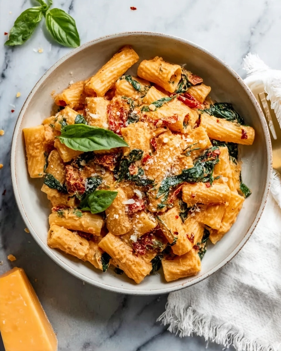 The image shows a bowl of rigatoni pasta mixed with wilted spinach and sun-dried tomatoes, all coated in a creamy, light orange sauce. The rigatoni is arranged unevenly in the wide, white bowl, with some pasta stacked over others. There are visible small flakes of grated cheese and some chili flakes sprinkled on top, adding texture and color contrast. A few fresh basil leaves rest on the pasta, providing bright green highlights. The bowl sits on a white marbled surface, accompanied by a piece of orange cheese and a white cloth with fringes at the bottom right corner. Photo taken with an iphone --ar 4:5 --v 7