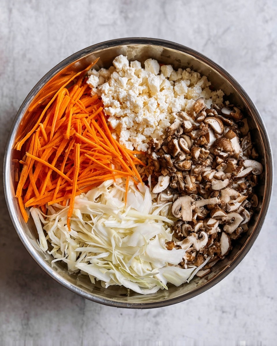 This image shows a round metal bowl with four distinct layers of chopped ingredients arranged side by side. Starting from the left, the first layer is thin, long orange strips that look like shredded carrots. Next to it, there is a white crumbly layer, likely soft cheese or tofu. To the right of this, there's a thick layer of small, chopped brown mushrooms, filling almost half the bowl. At the bottom is a layer of thinly sliced pale white cabbage. All the layers are carefully placed to show their different textures and colors clearly. The bowl sits on a white marbled surface. Photo taken with an iphone --ar 4:5 --v 7