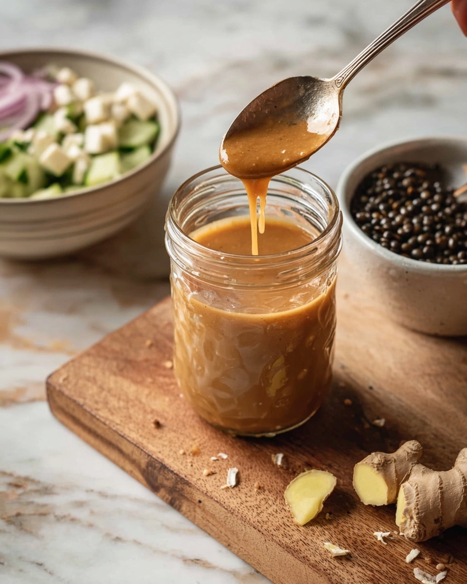 A transparent glass jar filled with a thick light brown sauce is placed on a wooden cutting board. A silver spoon is held above the jar by a woman's hand, with some sauce dripping from the spoon back into the jar. There are pieces of fresh ginger and garlic cloves scattered around the cutting board. To the right side of the image, a white bowl with a mix of layered green cucumber cubes, black lentils, white cheese, and thin slices of red onion is partially visible. The whole scene is set on a white marbled surface. photo taken with an iphone --ar 4:5 --v 7