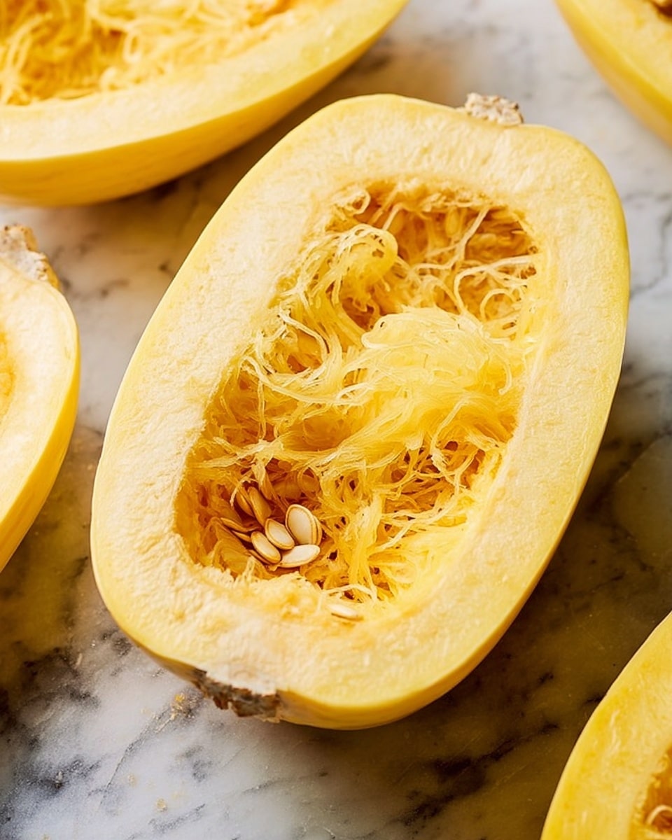 The image shows one half of a pale yellow spaghetti squash, with the seeds and fibrous strands visible in the hollow center. The outer flesh is smooth and firm, light yellow, surrounding the stringy interior. The squash rests on a white marbled surface, and parts of other halved squashes with similar pale yellow flesh are visible around the edges. photo taken with an iphone --ar 4:5 --v 7