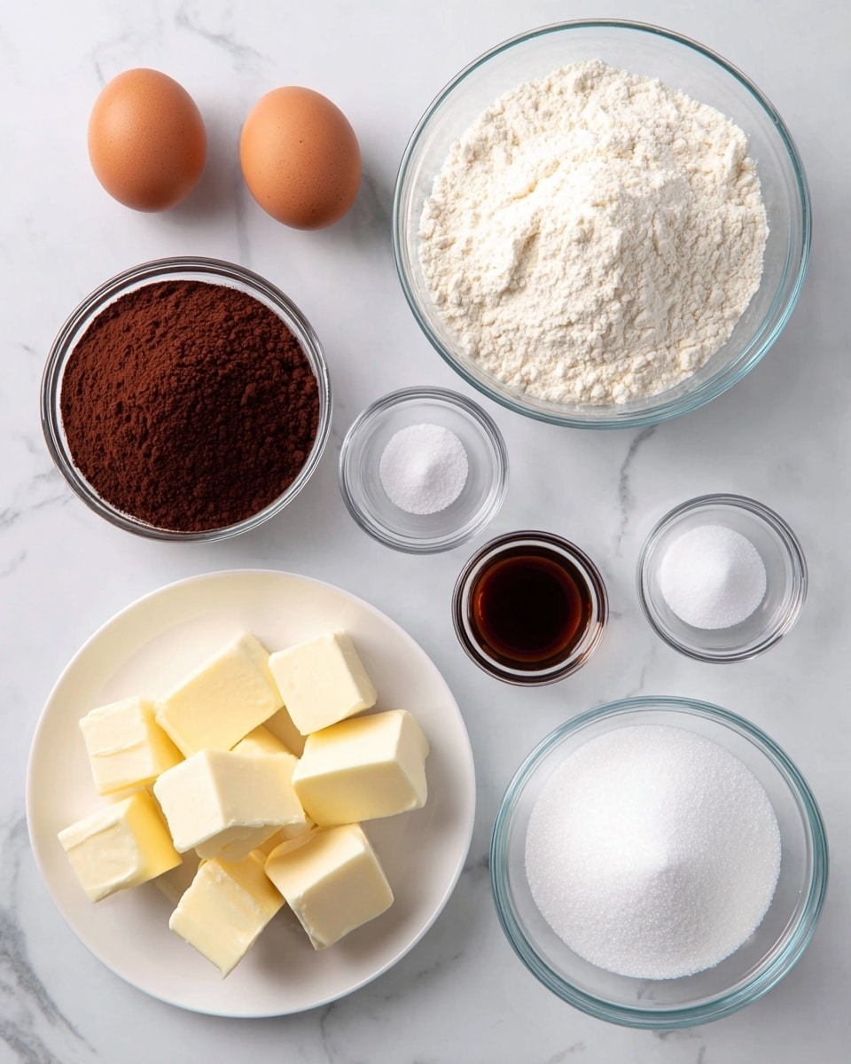 The image shows ingredients neatly arranged on a white marbled surface. There are two brown eggs placed side by side near the top left. Next to them is a clear glass bowl filled with dark brown cocoa powder. To the right is a larger clear glass bowl full of white flour. Below the eggs on the left side, there is a white plate with several cubes of pale yellow butter. Near the center are three smaller clear glass bowls, one with dark vanilla extract, one with white baking soda, and one with white salt. On the bottom right, there is a large clear glass bowl filled with white granulated sugar. All the ingredients have a clean and fresh look. Photo taken with an iphone --ar 4:5 --v 7