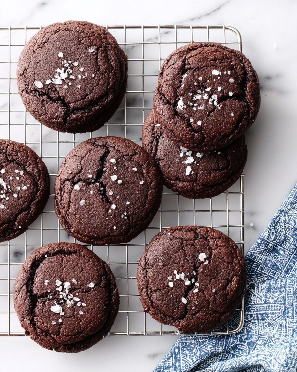 The image shows six dark brown chocolate cookies with a soft texture, laid out on a silver cooling rack on top of a white marbled surface. Each cookie is round and slightly cracked on the top, with small white salt flakes sprinkled evenly over them. The edges of the cookies are slightly thicker and the centers have a more wrinkled look. A blue and white patterned cloth is partly visible on the bottom right corner of the image. photo taken with an iphone --ar 4:5 --v 7