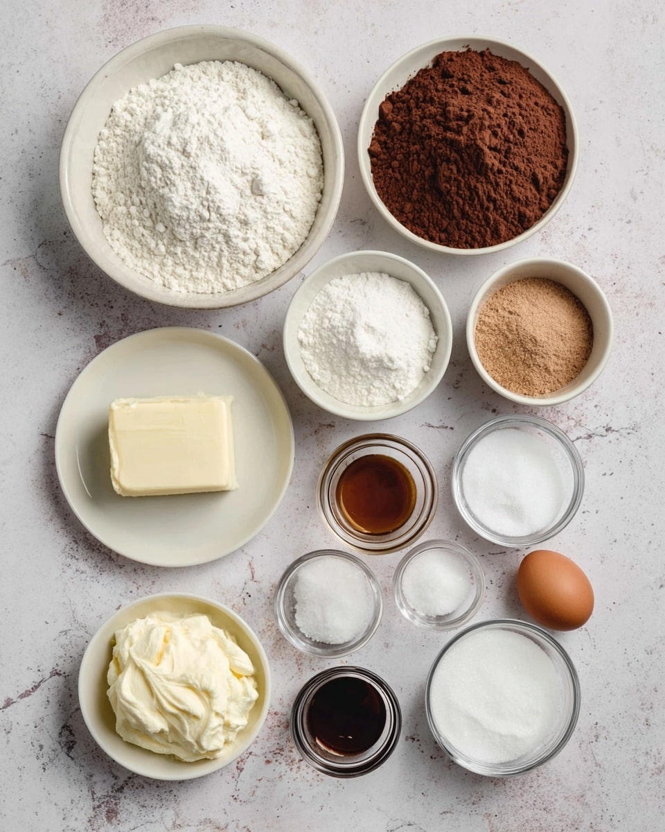 The image shows a flat lay of baking ingredients arranged on a white marbled surface. There are ten small white bowls and glass containers holding different ingredients: a large bowl of white flour with a rough texture, a bowl of cocoa powder in a deep brown color, a bowl of white powdered sugar with a soft powdery look, a bowl of light brown sugar with a slightly coarse texture, a blob of creamy pale yellow butter on a small white plate, a small glass bowl of white cream cheese with a smooth and soft texture, a small white bowl with a dark brown liquid vanilla extract, a small bowl with a single brown egg, and two small clear bowls with white baking soda and salt powders. All items are placed neatly with visible details under soft lighting. photo taken with an iphone --ar 4:5 --v 7