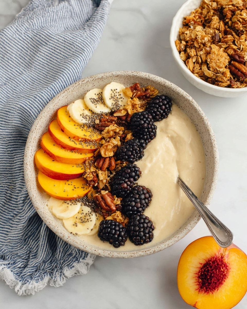 A white speckled bowl filled with a smooth, creamy beige base is topped with three distinct rows of toppings: closest to the edge are sliced banana pieces forming a white and yellow ring, next to them are bright orange peach slices sprinkled with tiny black chia seeds, then a crunchy layer of golden brown granola with nuts, and finally, a row of plump, shiny blackberries arranged side by side. A silver spoon is placed inside the bowl on the right side. Nearby, a white bowl contains more granola, a striped blue and white cloth is partially visible, and a halved peach with rich orange flesh and a reddish pit sits beside the bowl on a white marbled surface. Photo taken with an iphone --ar 4:5 --v 7