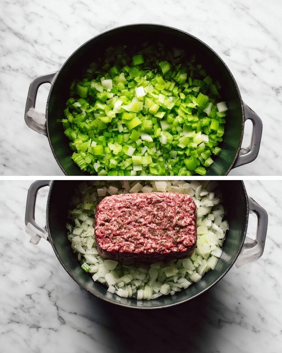 Two images side by side show the steps of cooking in a black pot on a white marbled surface. In the first image, the pot contains a single layer of chopped green celery and white onion mixed together. In the second image, the same layer of celery and onion is topped with a single thick block of raw ground meat placed in the center of the pot. photo taken with an iphone --ar 4:5 --v 7