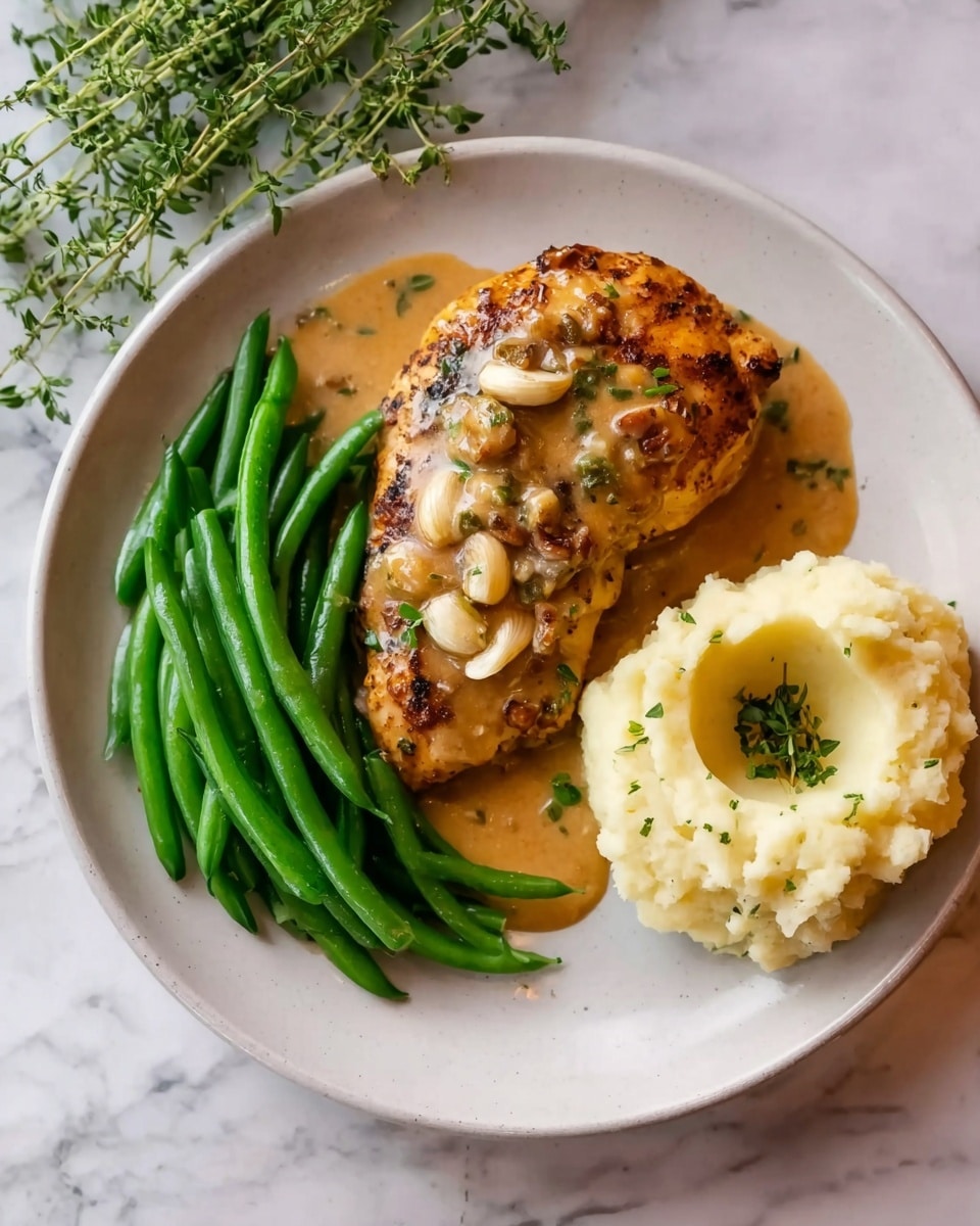 The dish shows a white plate with three main parts. On the left side, there are fresh green beans with a smooth, slightly shiny texture. In the middle sits a golden-brown grilled chicken piece covered with a creamy, light brown sauce that has small green herb bits and a few whole garlic cloves on top. On the right, there is a mound of creamy mashed potatoes, shaped like a ring with a small hollow in the center. The plate rests on a white marbled surface with some green herbs placed above it. Photo taken with an iphone --ar 4:5 --v 7