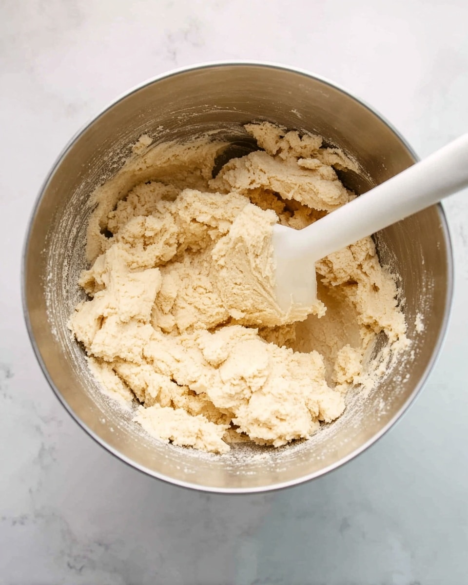 The image shows a close-up of a metal mixing bowl filled with a thick, light beige dough. The dough has a soft, slightly crumbly texture and fills most of the bowl. A white spatula is partially embedded in the dough, resting near the center and holding some of it. The bowl sits on a white marbled surface with subtle gray veins. photo taken with an iphone --ar 4:5 --v 7