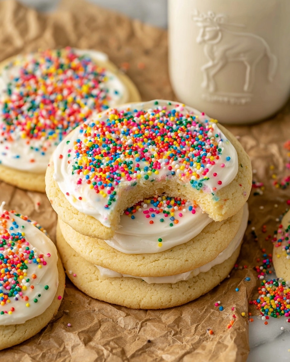The image shows soft, round sugar cookies with a light golden color, each topped with a thick layer of smooth white frosting covered in small, round, colorful sprinkles in red, blue, yellow, green, orange, pink, and white. The cookies are stacked or placed close together on crinkled light brown parchment paper over a white marbled surface. One cookie in the center has a small bite taken out of it, revealing its soft, dense interior. A white jar with embossed lettering and an animal design is partially visible in the background. Photo taken with an iphone --ar 4:5 --v 7
