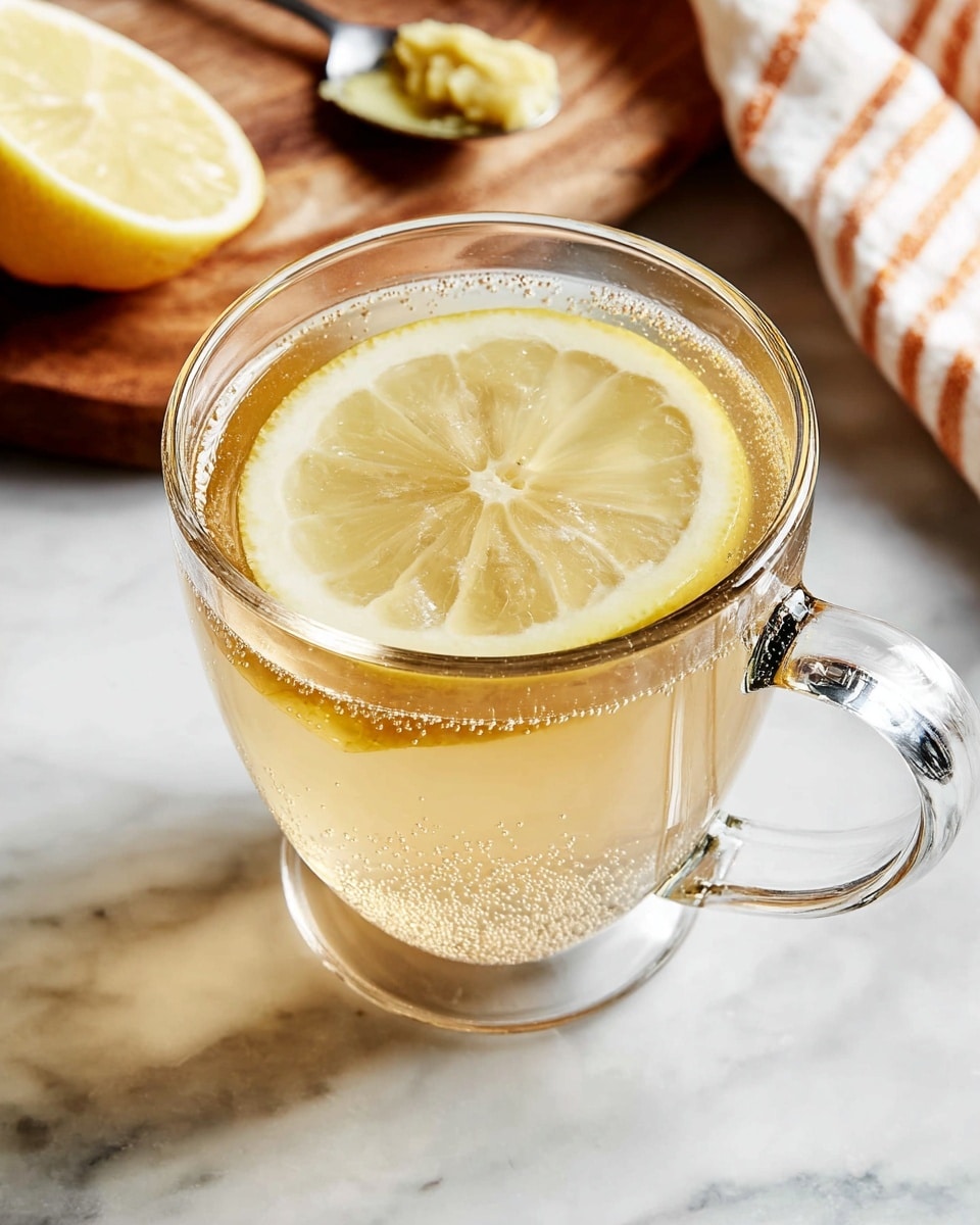 A clear glass cup filled with light golden liquid, topped with a thin slice of lemon floating on the surface. Small bubbles cling to the inside of the glass, showing its freshness. The cup has a thick transparent handle and sits on a white marbled surface. In the background, a wooden board holds a spoon with a light yellow paste, and a striped cloth in orange and white tones is partially visible. photo taken with an iphone --ar 4:5 --v 7