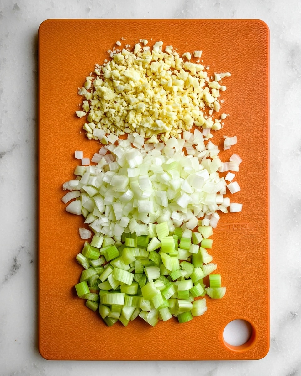 The image shows a single orange cutting board on a white marbled surface with three layers of chopped vegetables arranged from top to bottom. The top layer contains finely chopped light yellow garlic pieces, the middle layer has medium-sized white onion chunks, and the bottom layer consists of medium-sized light green celery pieces. The textures vary from slightly rough on the celery to smooth on the onions and garlic. The cutting board has a round hole in the bottom right corner. Photo taken with an iphone --ar 4:5 --v 7