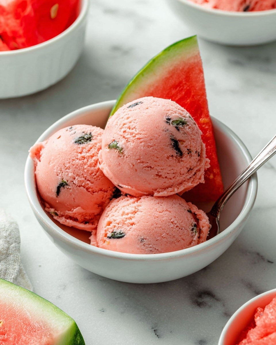 A white bowl is filled with three round scoops of pink watermelon ice cream with small dark green and black pieces mixed inside, showing a slightly rough texture. A thin wedge of watermelon with green rind and red flesh is placed on the side inside the bowl. A silver spoon is placed next to the ice cream scoops inside the bowl. The bowl sits on a white marbled surface, with parts of other white bowls containing watermelon and ice cream visible around it. Photo taken with an iphone --ar 4:5 --v 7