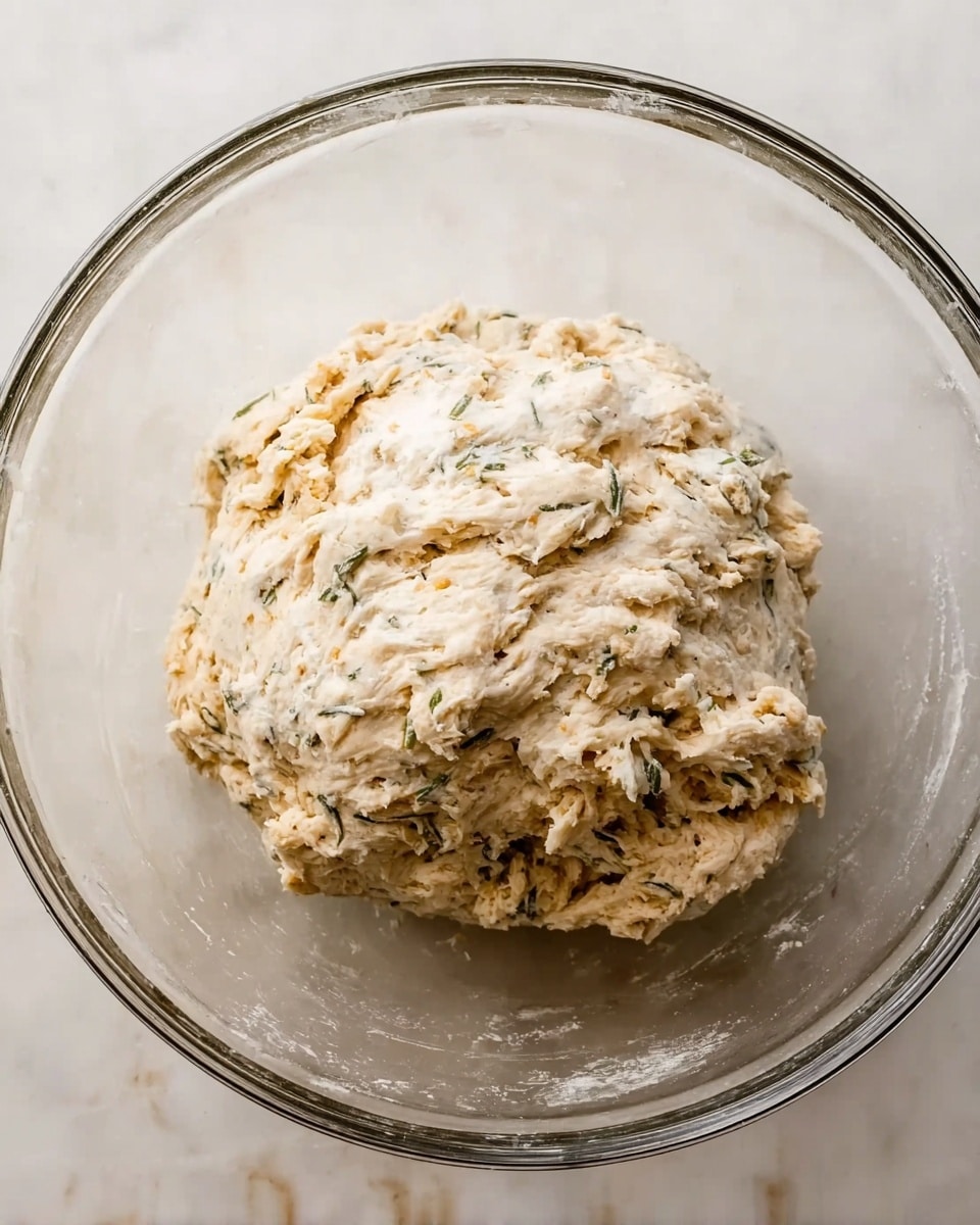 The image shows one big ball of dough in a clear glass bowl. The dough has a rough texture with white and light brown parts mixed together, indicating herbs or seasoning inside. The bowl sits on a white marbled surface, and no other items are visible around it. The dough looks soft and a bit sticky, resting in the center of the bowl. Photo taken with an iphone --ar 4:5 --v 7