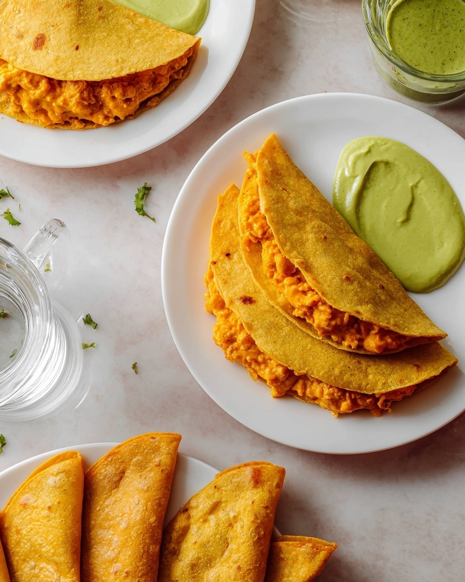 The image shows two small golden brown folded tortillas on a white plate, each filled with a bright orange, chunky filling that looks soft and thick, visible along the folded edge. Next to the tortillas is a dollop of smooth green sauce. Below this plate, there is another white plate holding several similar folded tortillas with the same orange filling, arranged in a neat row. The background is a white marbled texture, and there are clear glass cups and a small white bowl with green sauce also visible at the top. photo taken with an iphone --ar 4:5 --v 7