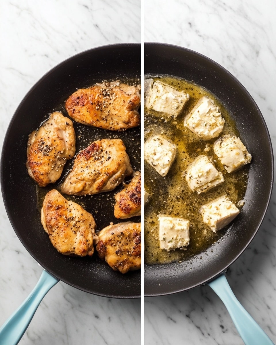 Spinach Artichoke Chicken Recipe 5 The image is split into two parts, each showing a round black pan with a light blue handle, placed on a white marbled surface. The left side shows four browned, cooked chicken pieces arranged evenly in the pan, with a golden crispy texture and specks of black pepper on top. The right side shows the same pan but with eight white, square chunks of soft cheese placed in melted butter, creating a shiny, oily surface around them. The cheese pieces have a crumbly texture, contrasting with the smooth butter. Photo taken with an iphone --ar 4:5 --v 7
