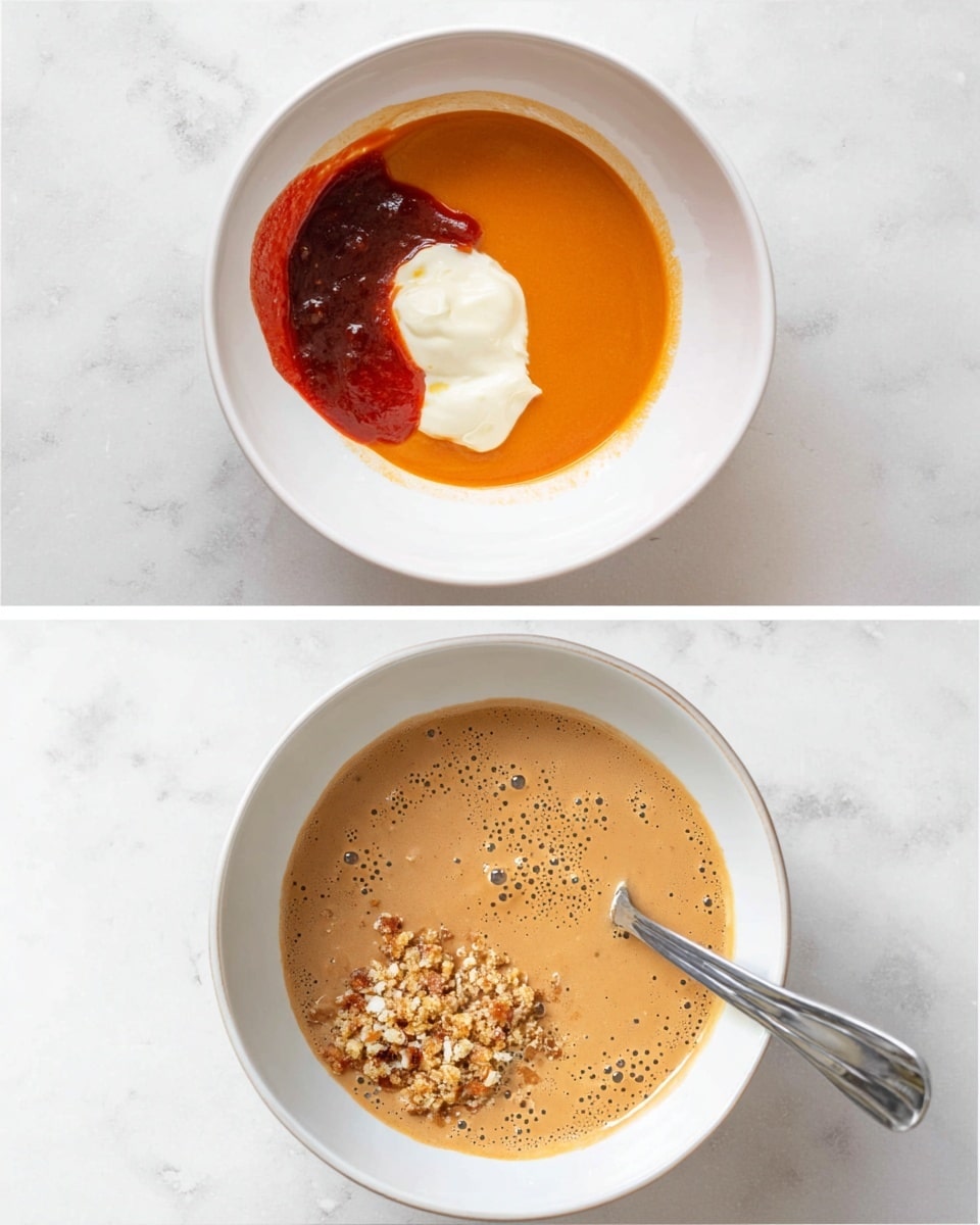 A white bowl sits on a white marbled surface, filled with five distinct layers of ingredients before mixing. Starting from the bottom, there is a smooth orange sauce spread around the edge, followed by a dark reddish-brown thick sauce on the left side. Next to it is a creamy white dollop, partially drizzled with a small amount of bright red sauce. Below this, there are finely chopped light brown bits clustered near the bottom center. The second image shows the same bowl with the ingredients fully mixed into a smooth, creamy light brown sauce with tiny bubbles on top, and a silver spoon resting inside the bowl. Photo taken with an iphone --ar 4:5 --v 7