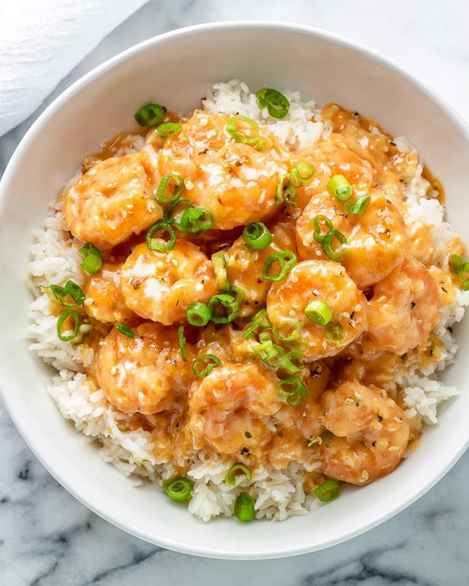 A white bowl sits on a white marbled surface filled with white rice as the bottom layer, soft and fluffy. On top, there are many pieces of cooked shrimp covered in a thick, light orange sauce. Small green onion pieces are scattered over the shrimp, adding a bright contrast. The shrimp are slightly shiny and have a tender texture, sitting closely together in the center of the bowl. photo taken with an iphone --ar 4:5 --v 7
