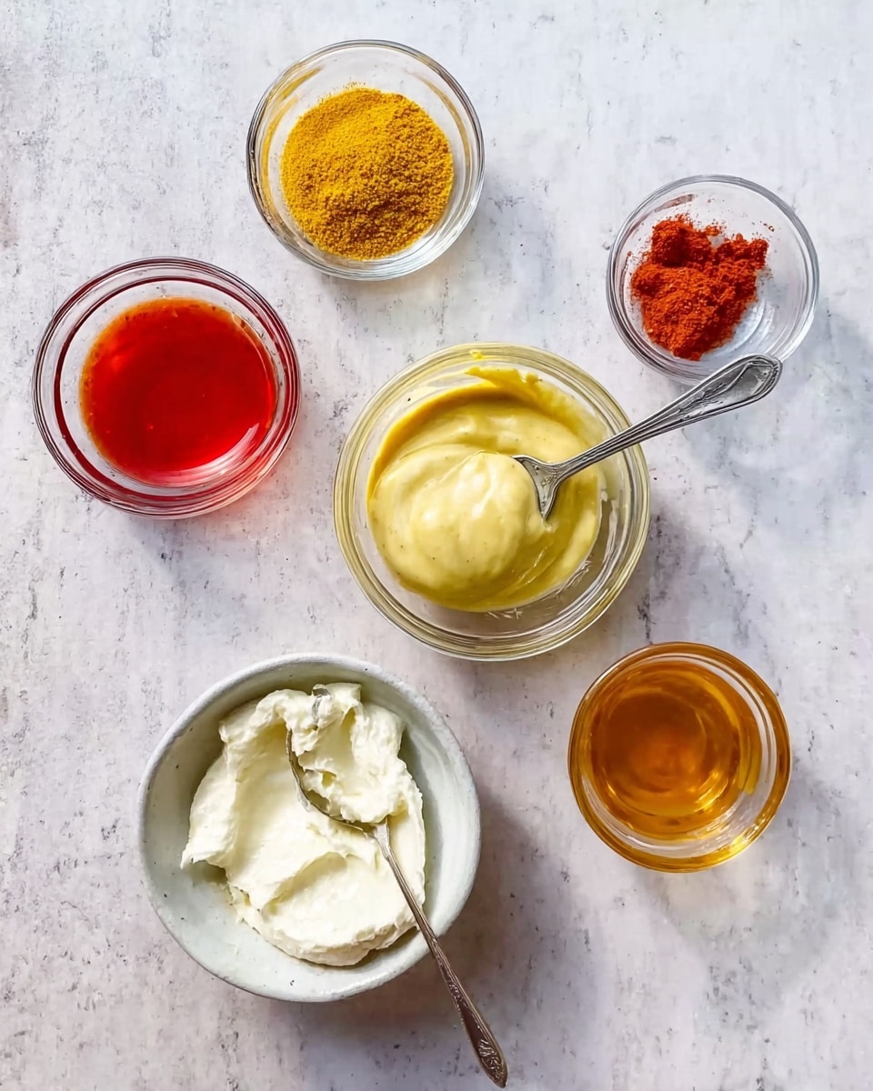 The image shows six small clear glass bowls and one small white bowl arranged on a white marbled surface. Each bowl contains a different ingredient: one glass bowl has a bright red liquid, another has a light golden yellow liquid, a third glass bowl contains a mustard yellow creamy sauce with a silver spoon resting inside, and another glass bowl holds yellow powder topped with red powder. The white bowl holds a thick white creamy substance, and a small glass bowl features a thin amber liquid. Photo taken with an iphone --ar 4:5 --v 7