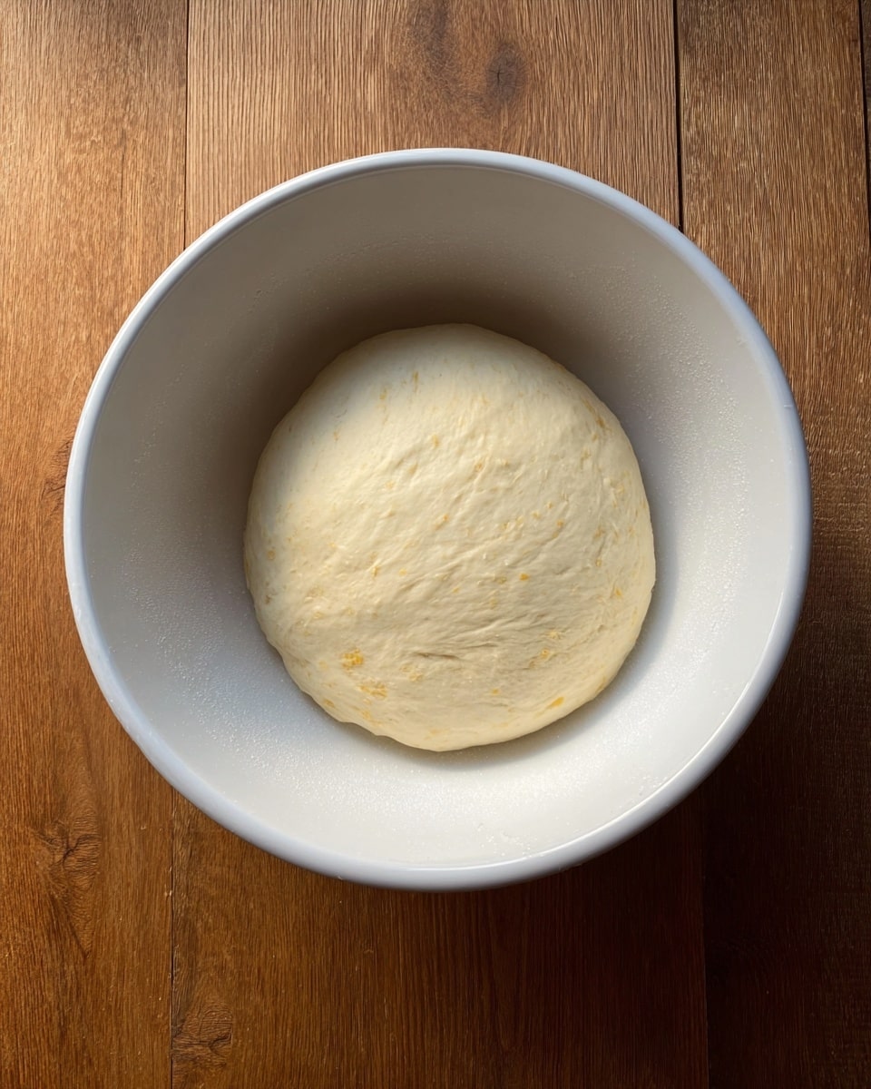 A single round ball of smooth, pale dough rests in the middle of a large white bowl, which sits on a warm wooden surface. The dough has a soft texture with no cracks or roughness, and it fills the center of the bowl, leaving clear space around the edges. The lighting highlights the dough’s slightly shiny surface and soft folds. Photo taken with an iphone --ar 4:5 --v 7