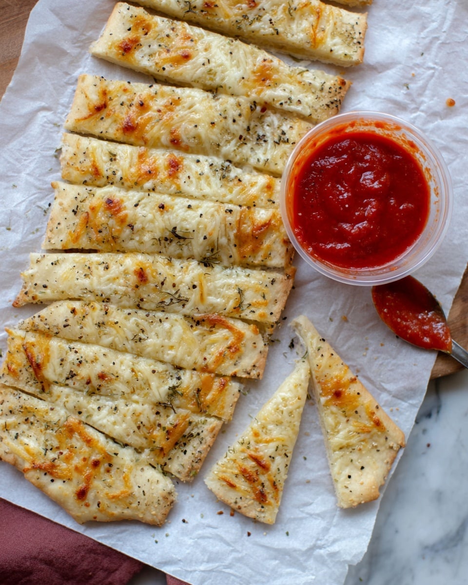 The image shows a flatbread topped with melted cheese and black pepper, sliced into narrow rectangular strips and a few triangular pieces placed on white parchment paper. The flatbread is light golden with some browned cheese spots and herbs scattered on top, giving a textured look. To the side, there is a small clear plastic cup filled with a thick bright red sauce, with a spoon resting next to it that has some sauce on it, all set on a white marbled surface. The overall presentation feels casual and simple. photo taken with an iphone --ar 4:5 --v 7